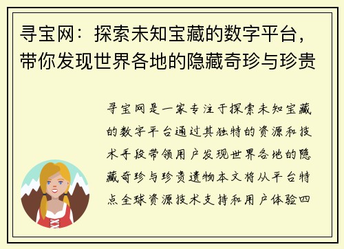 寻宝网：探索未知宝藏的数字平台，带你发现世界各地的隐藏奇珍与珍贵遗物